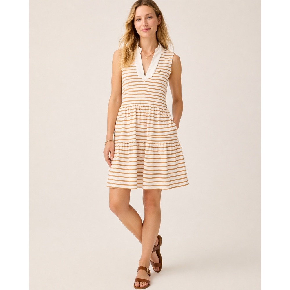 Nautica Striped Tiered Dress Womens Small Tan White Coastal Preppy Casual